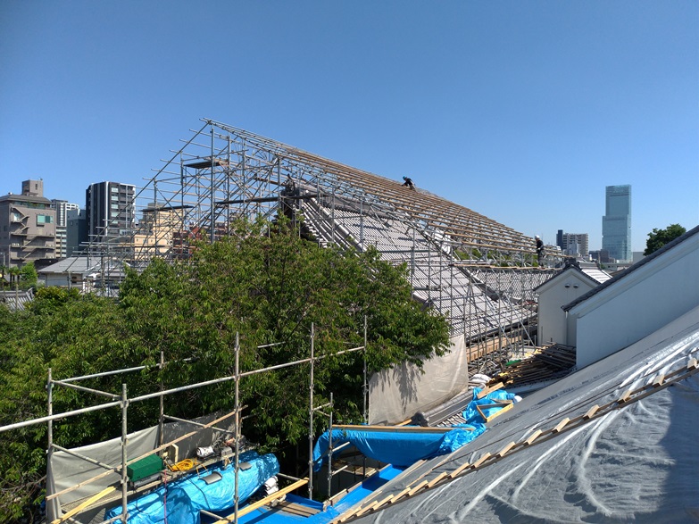 大阪で台風被害補修工事で寺社の屋根の葺き替え大規模修繕工事の足場を解体している様子の写真